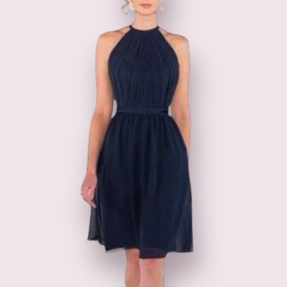 Sorella Vita Navy Chiffon Bridesmaid Dress Size 10 Pleated Halter Open Back Form - Picture 2 of 11
